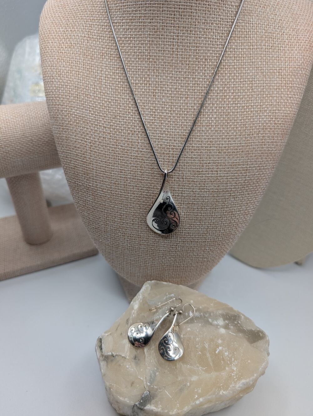 Brighton Teardrop Swirl Pendant Necklace & Dangle Earrings Silver Tone Set